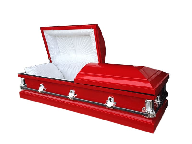 red casket by Fast Caskets